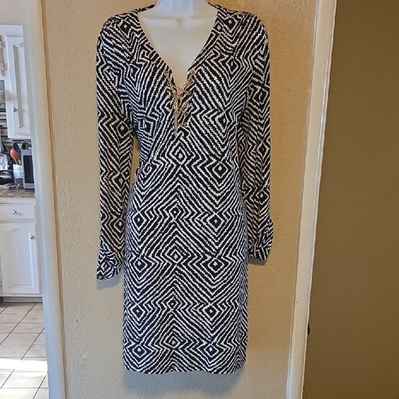Michael Kors Black and White Sheath Dress with Plunge Neckline - Picture 1 of 5
